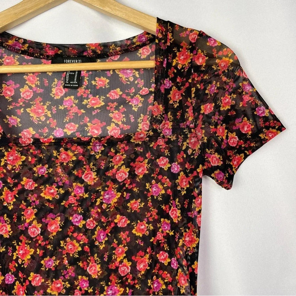 Forever 21 Black & Red Floral Square Neck Short Sleeve Bodysuit M - Picture 3 of 4